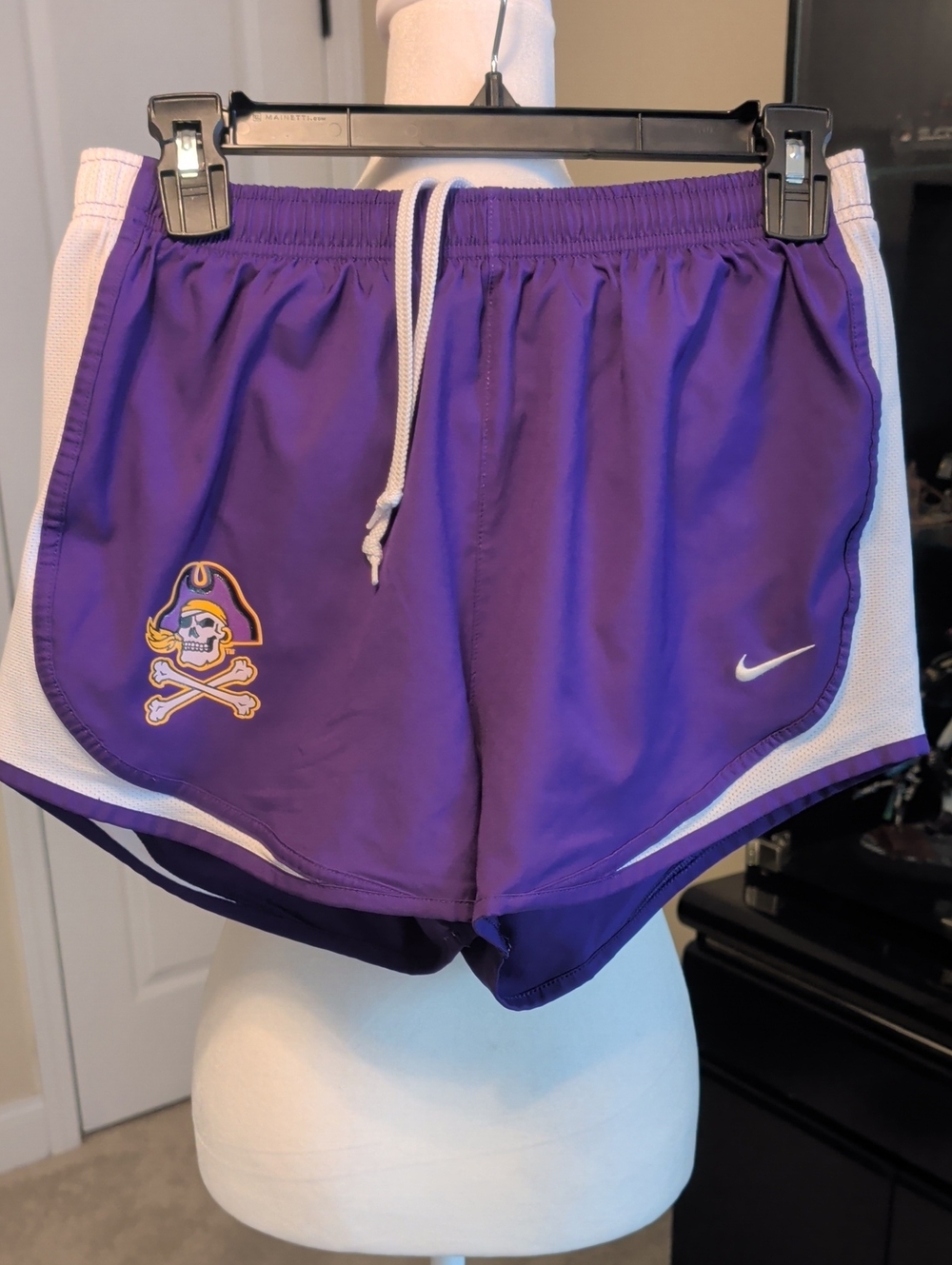 Nike Dri-Fit Tempo Purple Athletic Shorts with Drawstring and Jolly Roger Logo